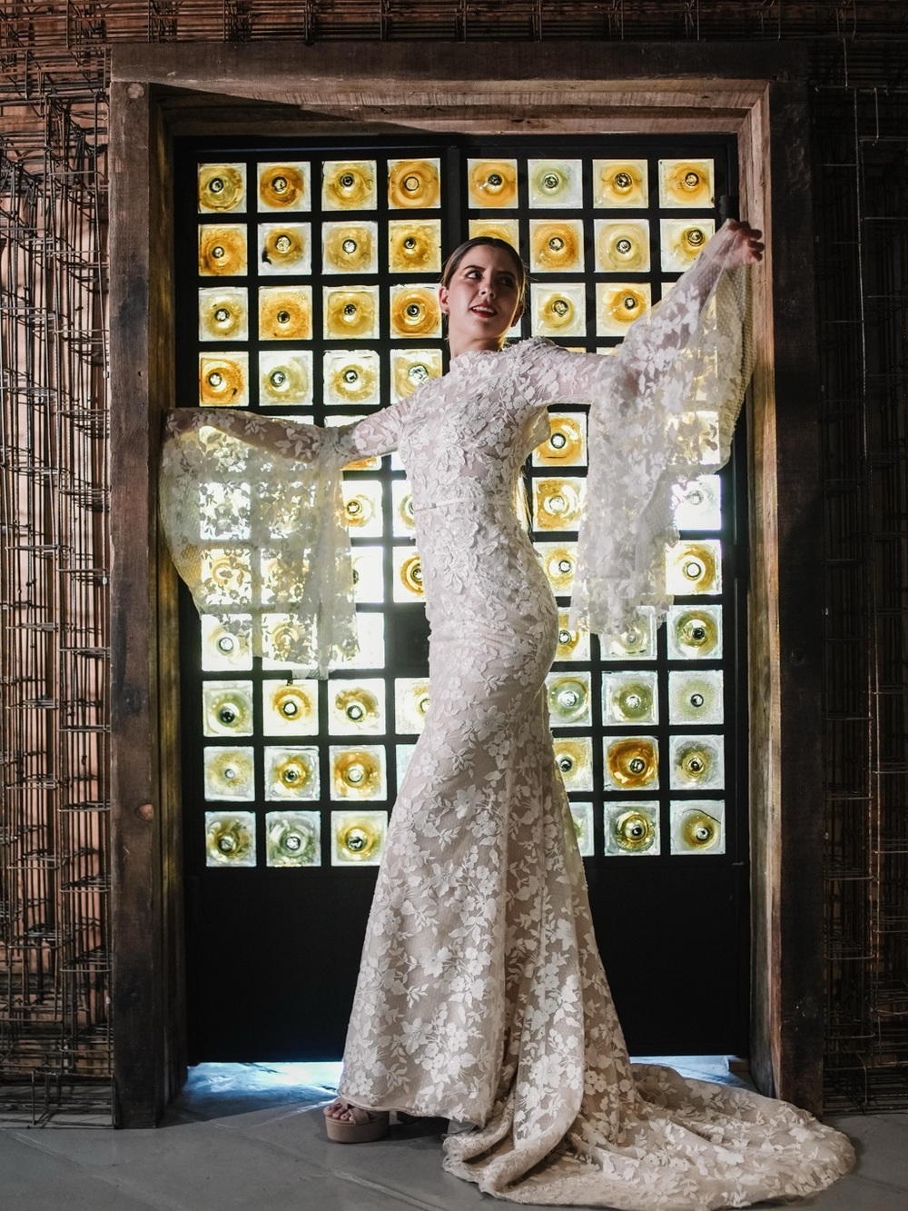 Elegant Lace Bridal Gown with Bell Sleeves - White